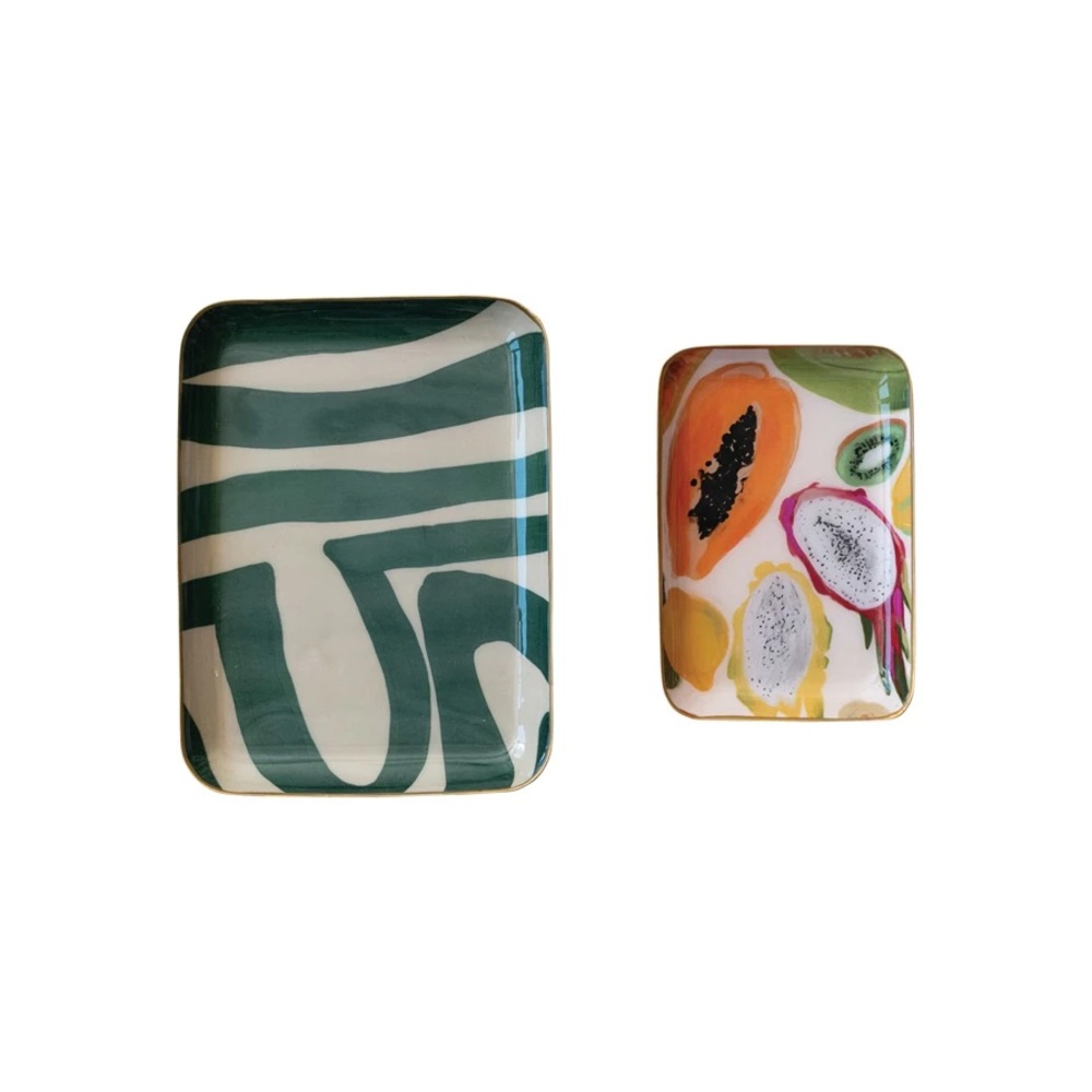 CREATIVE CO-OP NWT 3pc enameled trays w/ fruit & abstract print & gold rim